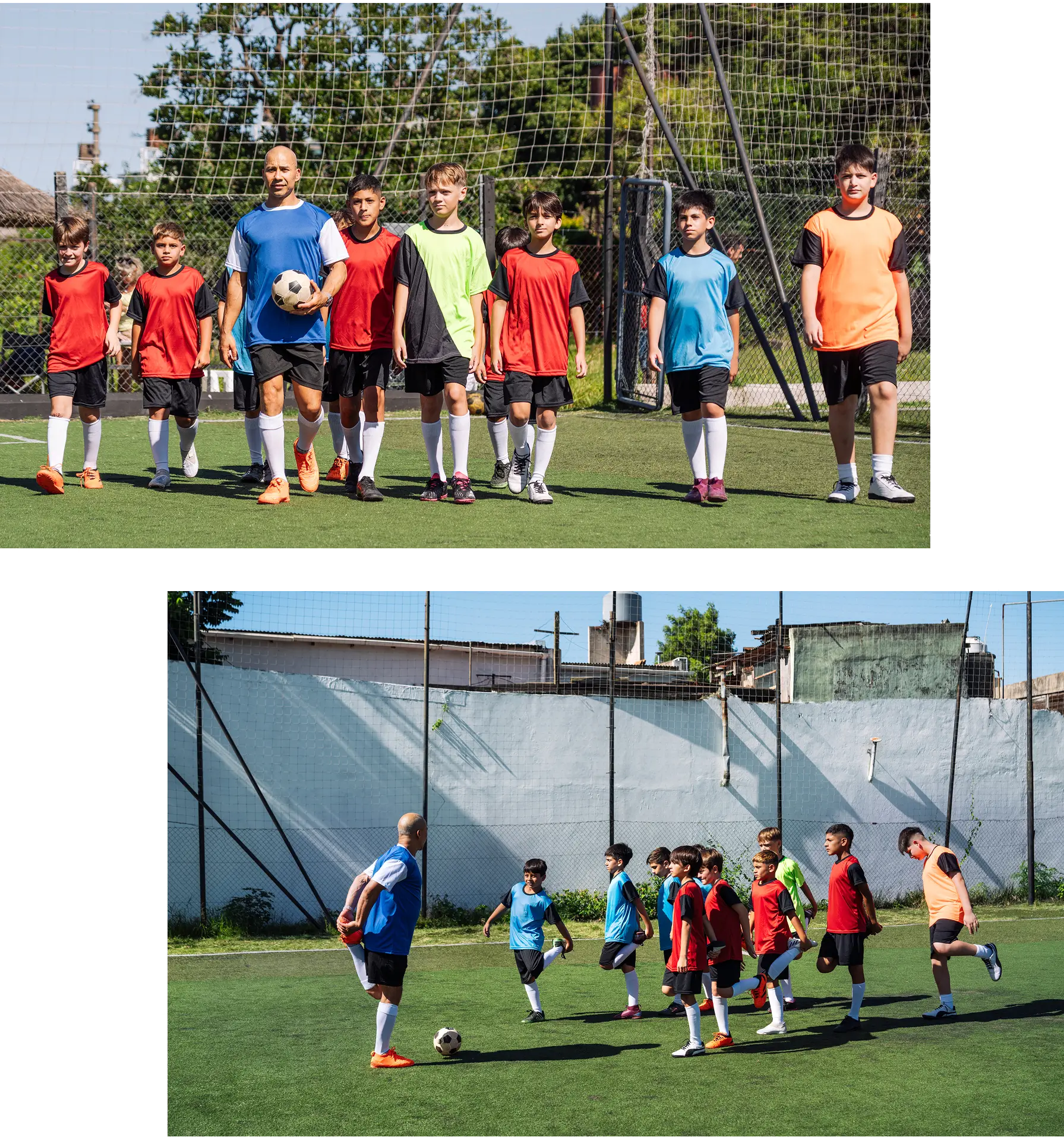 Soccer coach training children on field.